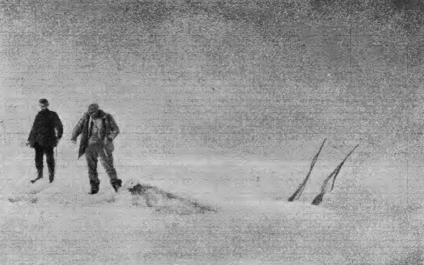 Historisches Schwarzweißfoto: zwei Männer im Schnee neben einem erlegten Eisbären, rechts zwei schräg im Schnee steckende Gewehre