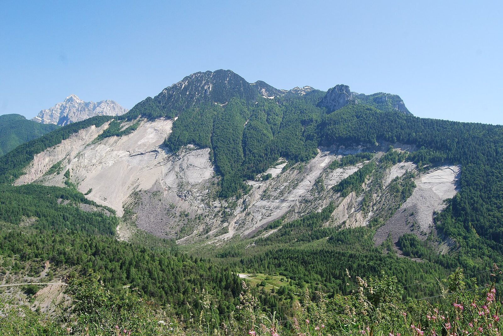 Blick auf die steile, helle Kalkstein-Gleitfläche am Nordhang des Monte Toc und den davor aufgetürmten 260 bis 270 Millionen Kubikmeter großen Schuttkörper, der das einstige Staubecken des Vajont ausfüllt.