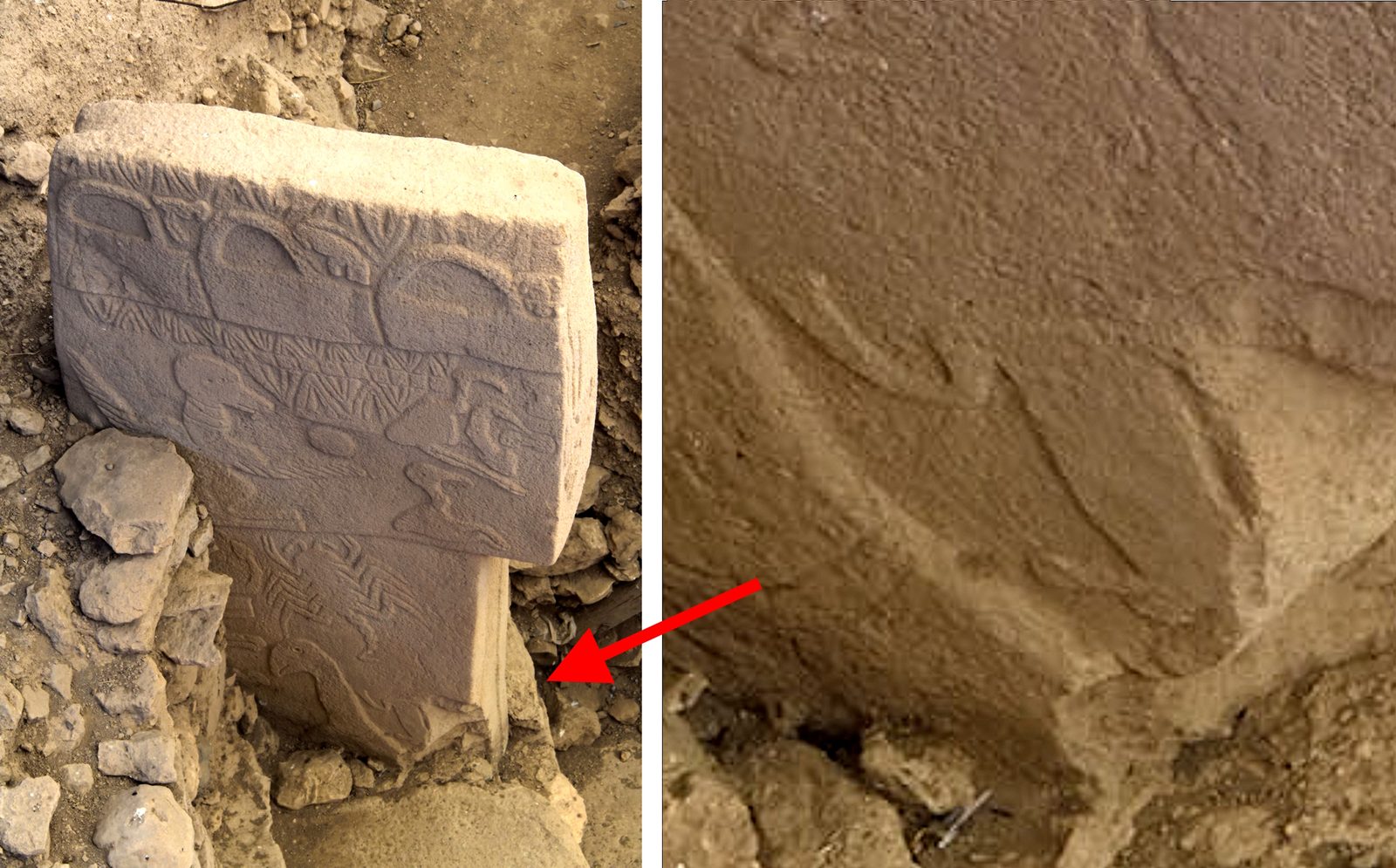 Zweiteilige Aufnahme von Pfeiler 43 in Göbekli Tepe: Links die Gesamtansicht mit Geier, Skorpion und Taschenmotiven, rechts hervorgehoben die Detailaufnahme des kopflosen, ithyphallischen Mannes am Schaft.