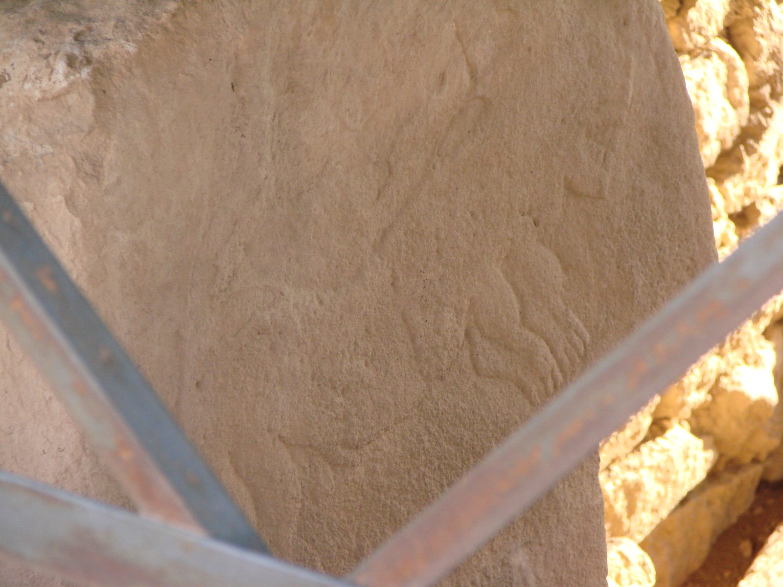 Detailaufnahme eines auf einer T-Pfeiler-Breitseite von Göbekli Tepe im Flachrelief ausgearbeiteten Raubtiers (Leopard/Löwin) im Profil.