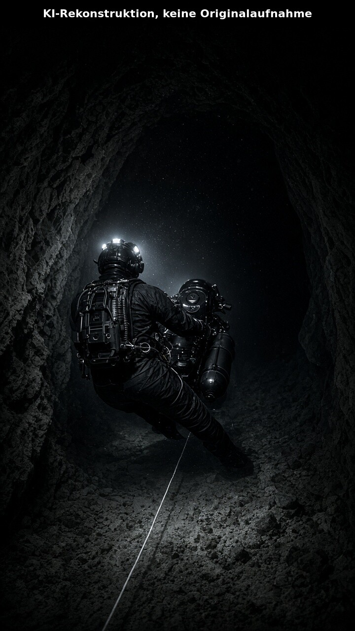 KI-Rekonstruktion: anonymer Höhlentaucher von hinten mit Rebreather, Helmlampen und Unterwasser-Scooter in einem vollständig gefluteten, dunklen Felsgang, nur vom Lampenlicht erhellt, Führungsleine am Boden; oben eingeblendet das Label „KI-Rekonstruktion, keine Originalaufnahme“