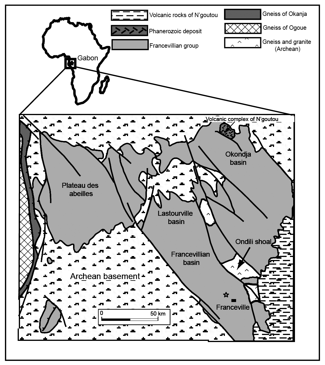Geologische Fachkarte des paläoproterozoischen Franceville-Beckens in Gabun aus El Albani et al. (2014)