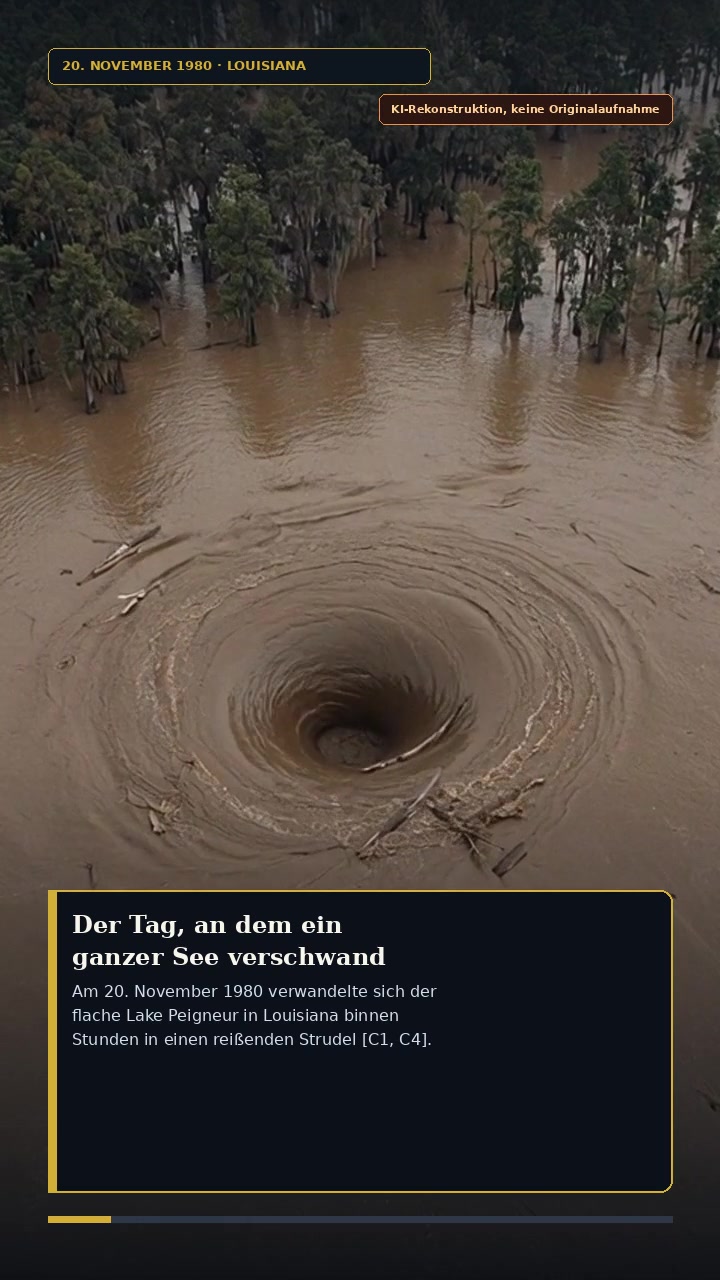 Historische Luftaufnahme vom 20. November 1980 aus dem amtlichen MSHA-Untersuchungsbericht: Im Einsturzkrater des Lake Peigneur treiben 120 bis 200 Fuß lange Lastschuten vor der abbrechenden Uferlinie von Jefferson Island.