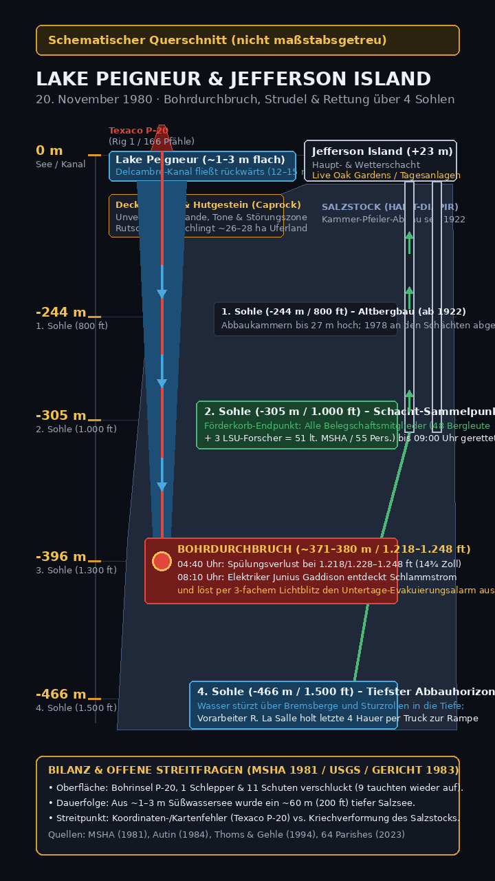 Schematische Infografik des Lake-Peigneur-Unglücks mit der Bohrplattform P-20, dem Bohrdurchbruch bei 1.218 bzw. 1.228 bis 1.248 Fuß (~371–380 m) in die 1.300-Fuß-Sohle, der Evakuierung über die 1.000-Fuß-Sohle und dem rückwärts fließenden Delcambre-Kanal