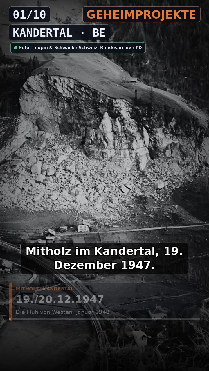 Schwarzweissaufnahme vom Januar 1948 von Westen: die ausgebrochene Felswand der Fluh bei Mitholz mit grossem hellem Schuttkegel, darunter die Bahnkurve der BLS und verstreute Häuser im Talboden.