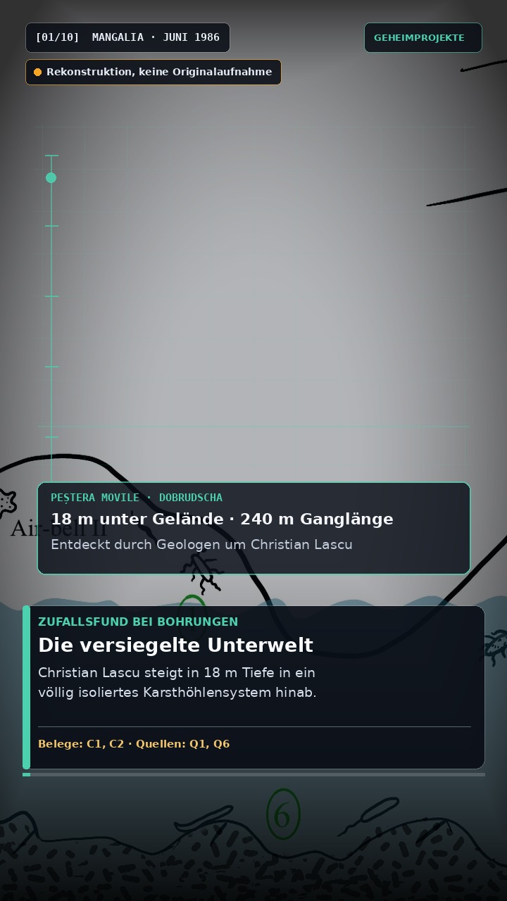 Nahaufnahme des blinden, bräunlichen Wasserskorpions Nepa anophthalma mit ausgeprägten Fangbeinen auf einer hellen, schwammartigen Mikrobenmatte.