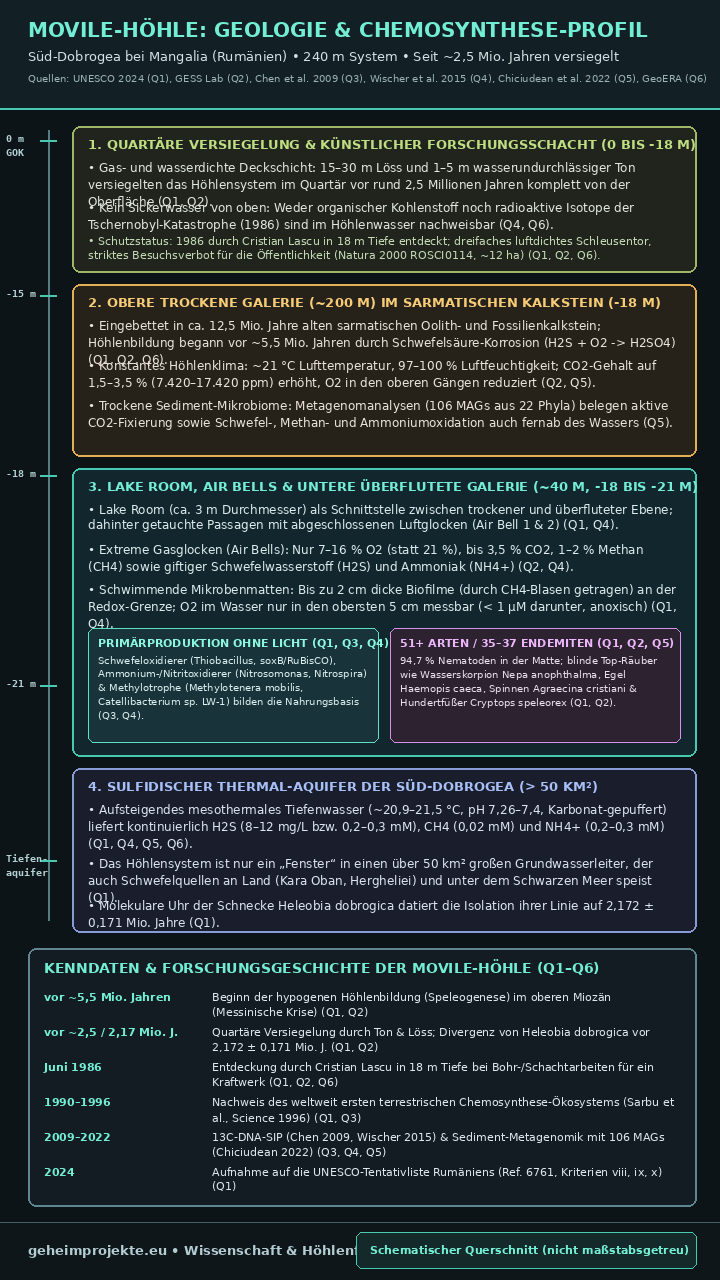 Schematische Infografik im Hochformat zum geologischen und biologischen Aufbau der Movile-Höhle mit Tiefenskala, Gaswerten, Mikrobenmatten und Zeitleiste.