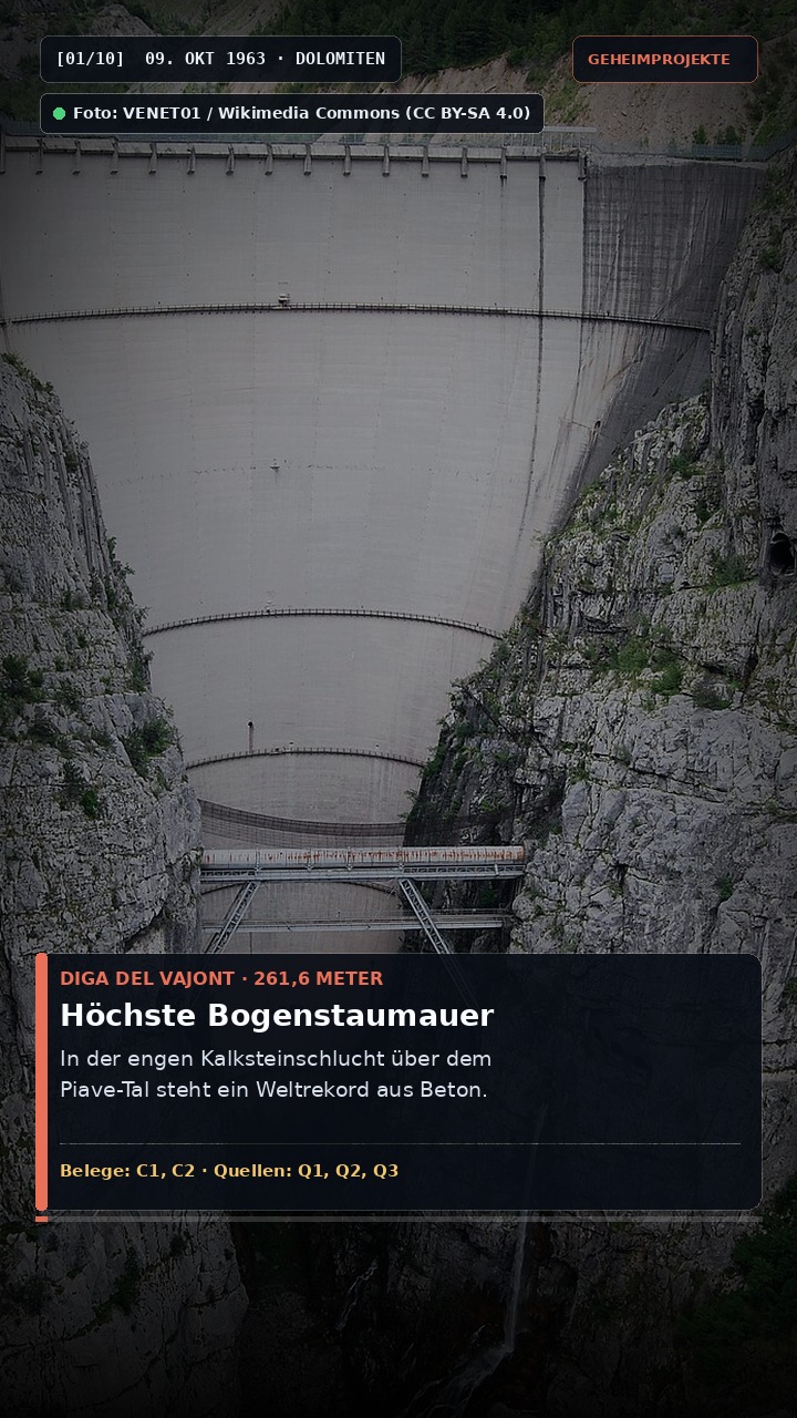 Die doppelt gekrümmte, 261,6 Meter hohe Beton-Bogenstaumauer des Vajont in der engen Kalksteinschlucht zwischen Friaul und Venetien, dahinter der begrünte Schuttberg des Monte-Toc-Bergsturzes, gesehen von Erto.