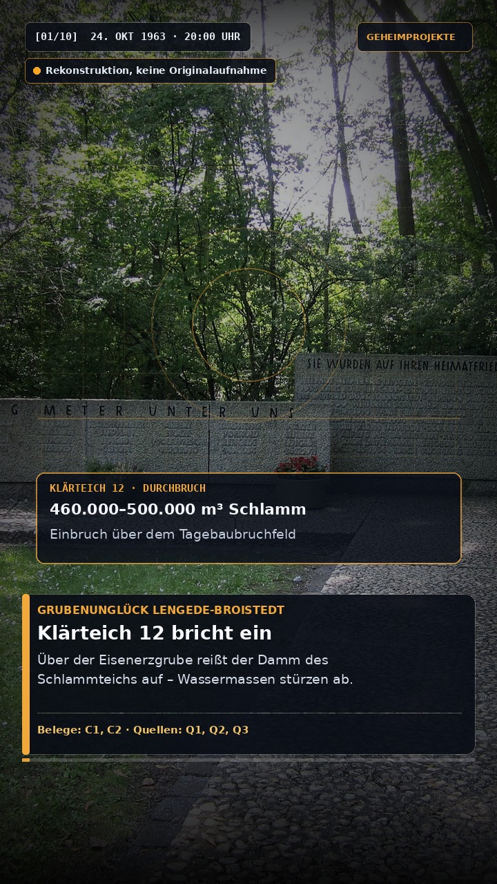 Die Gedenkstätte für das Grubenunglück von Lengede am 24. Oktober 1963 in Lengede-Broistedt mit den beiden Gedenkmauern: Links die Inschrift „SIE RUHEN SECHZIG METER UNTER UNS“ mit elf Namenstafeln für die elf ungeborgen unter Tage verbliebenen Bergleute (zehn im „Alten Mann“ in 60 Metern Tiefe Verstorbene sowie der verschollene Reinhard Guth), rechts dahinter „SIE WURDEN AUF IHREN HEIMATFRIEDHÖFEN BESTATTET“ mit neun Doppeltafeln (18 Namen) für die 18 geborgenen Todesopfer.